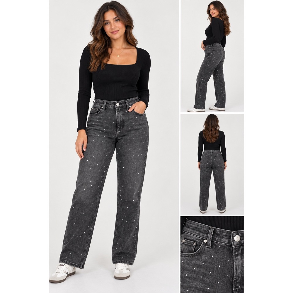 Harper Heritage Straight Jeans Women 25 Black New Rhinestone High Rise Straight